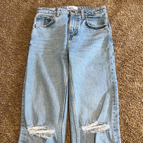 Zara Distressed Light Wash Straight Leg Jeans - Picture 3 of 3